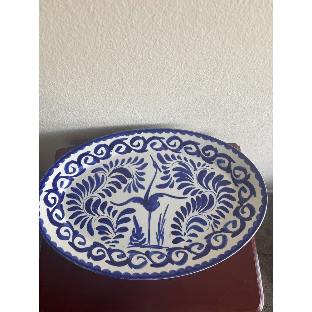 Anfora Mexico Hand Painted Blue White Crane Heron Oval Platter Serving Dish 15in